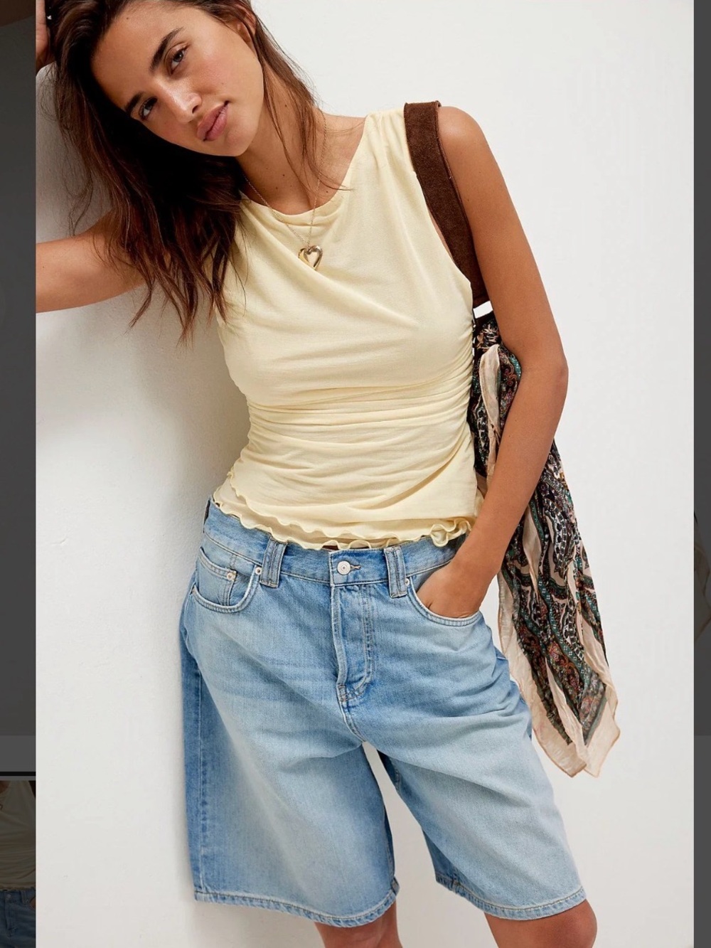 We The Free Cream Ruched Tank with Light Blue Jean Shorts